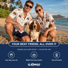 Friends in matching Men's Rudolph Ruckus Custom Dog Face Hawaiian Shirt — a group gift photo