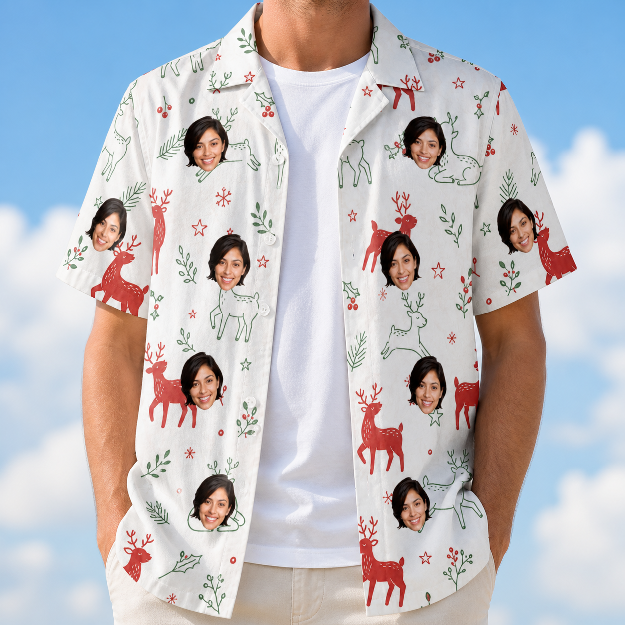 Man wearing Men's Rudolph Ruckus Custom Face Hawaiian Shirt open over a white tee