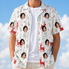 Man wearing Men's Rudolph Ruckus Custom Face Hawaiian Shirt open over a white tee