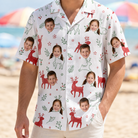 Model wearing Men's Rudolph Ruckus Custom Face Hawaiian Shirt printed with kids' faces