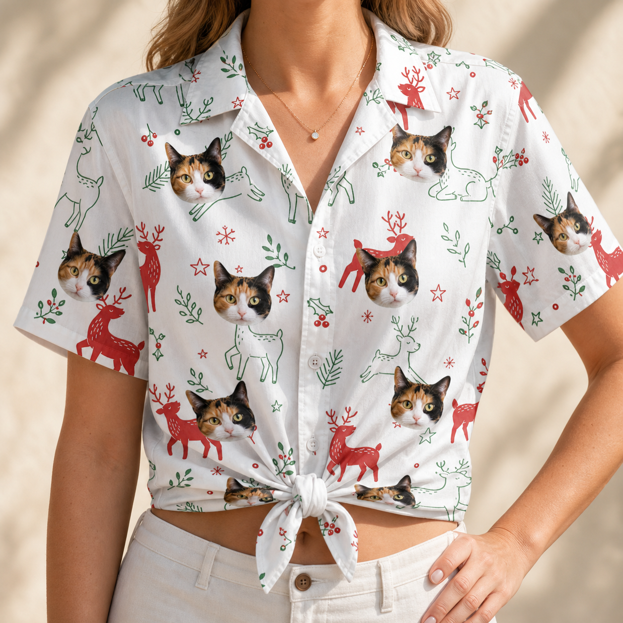 Woman wearing Women's Rudolph Ruckus Custom Cat Face Hawaiian Shirt tied at the waist