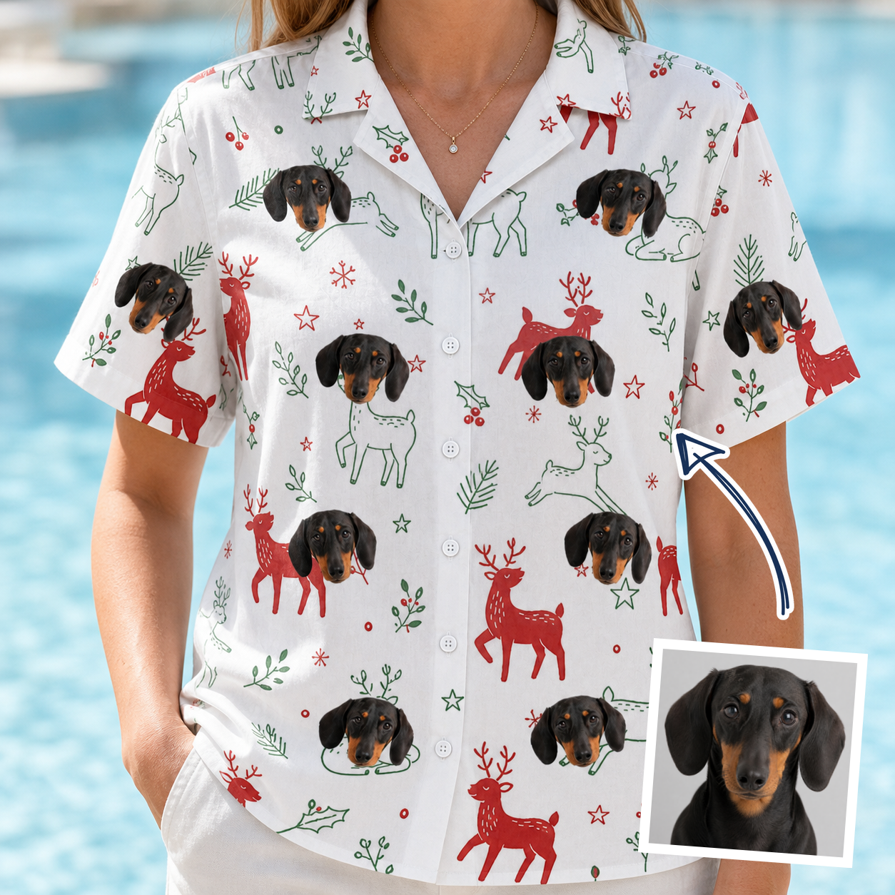 Woman wearing Women's Rudolph Ruckus Custom Dog Face Hawaiian Shirt — custom faces printed all-over
