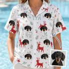 Woman wearing Women's Rudolph Ruckus Custom Dog Face Hawaiian Shirt — custom faces printed all-over