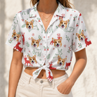 Woman wearing Women's Rudolph Ruckus Custom Dog Face Hawaiian Shirt tied at the waist