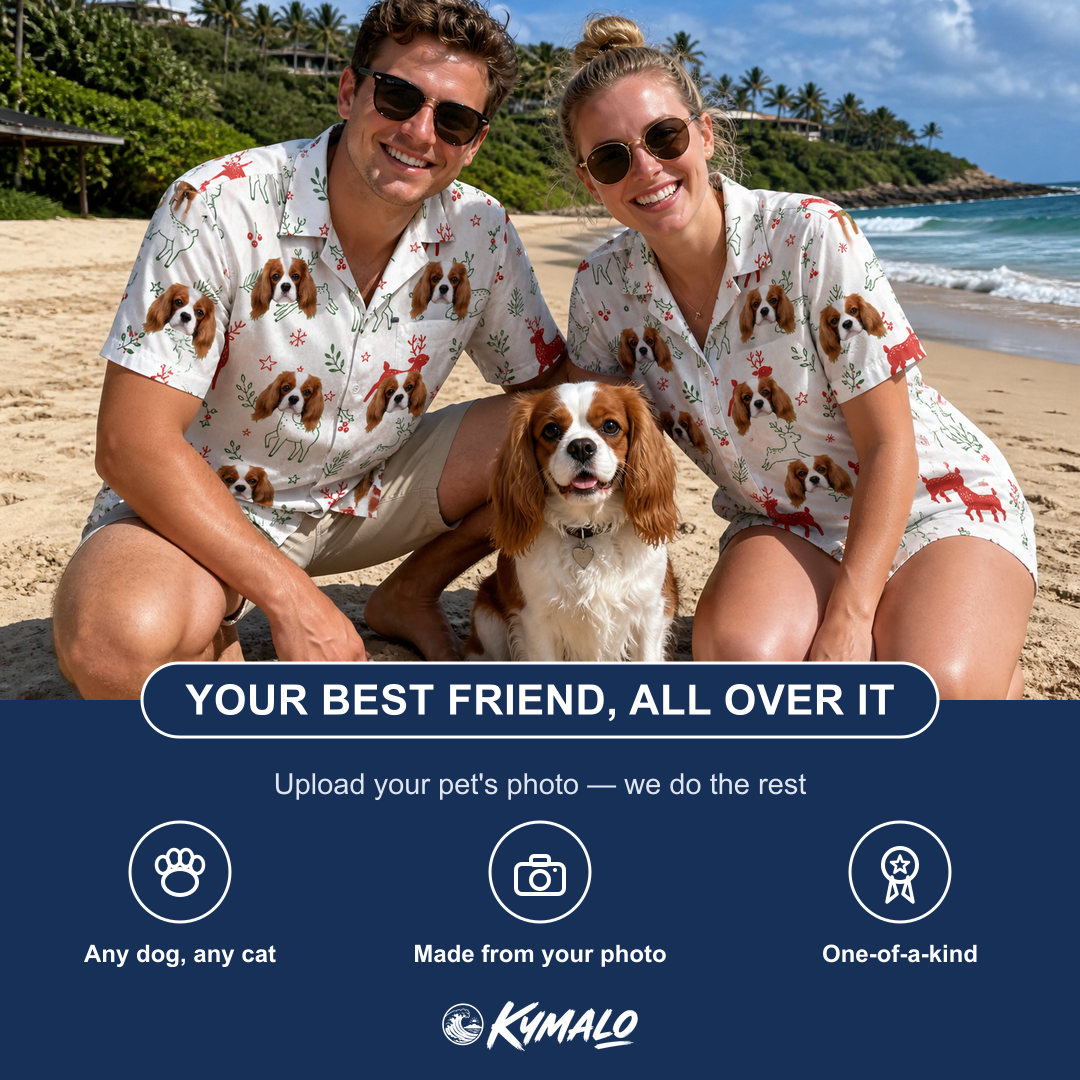 Friends in matching Women's Rudolph Ruckus Custom Dog Face Hawaiian Shirt — a group gift photo
