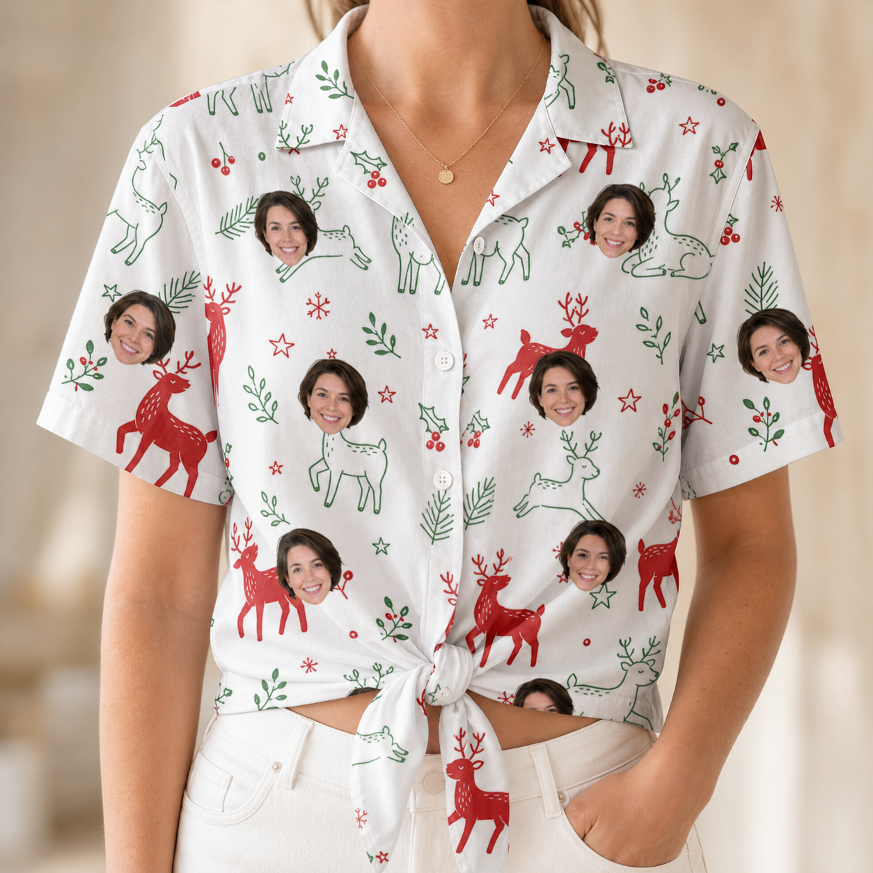 Woman wearing Women's Rudolph Ruckus Custom Face Hawaiian Shirt tied at the waist