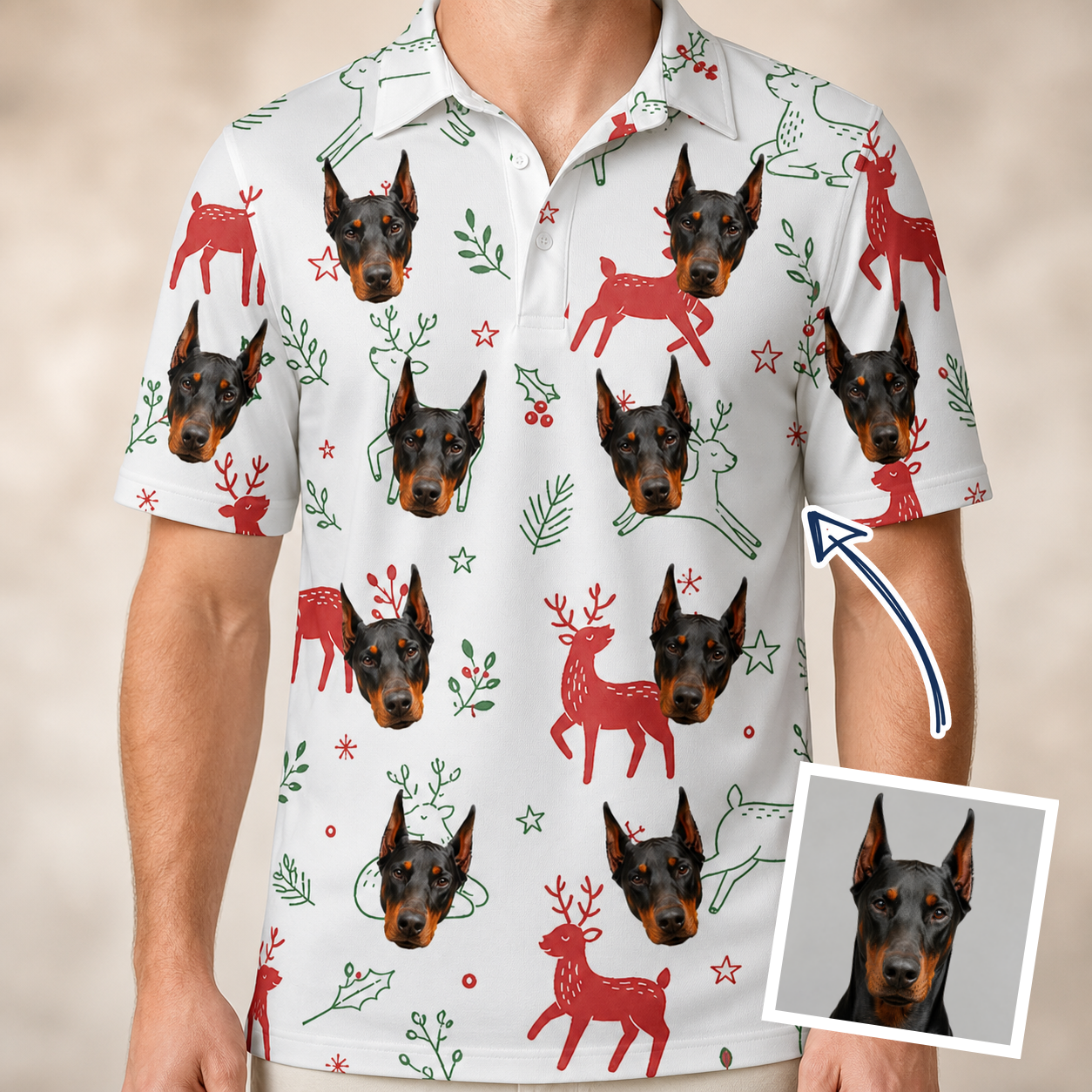 Man wearing Men's Rudolph Ruckus Custom Dog Face Polo Shirt — custom faces printed all-over