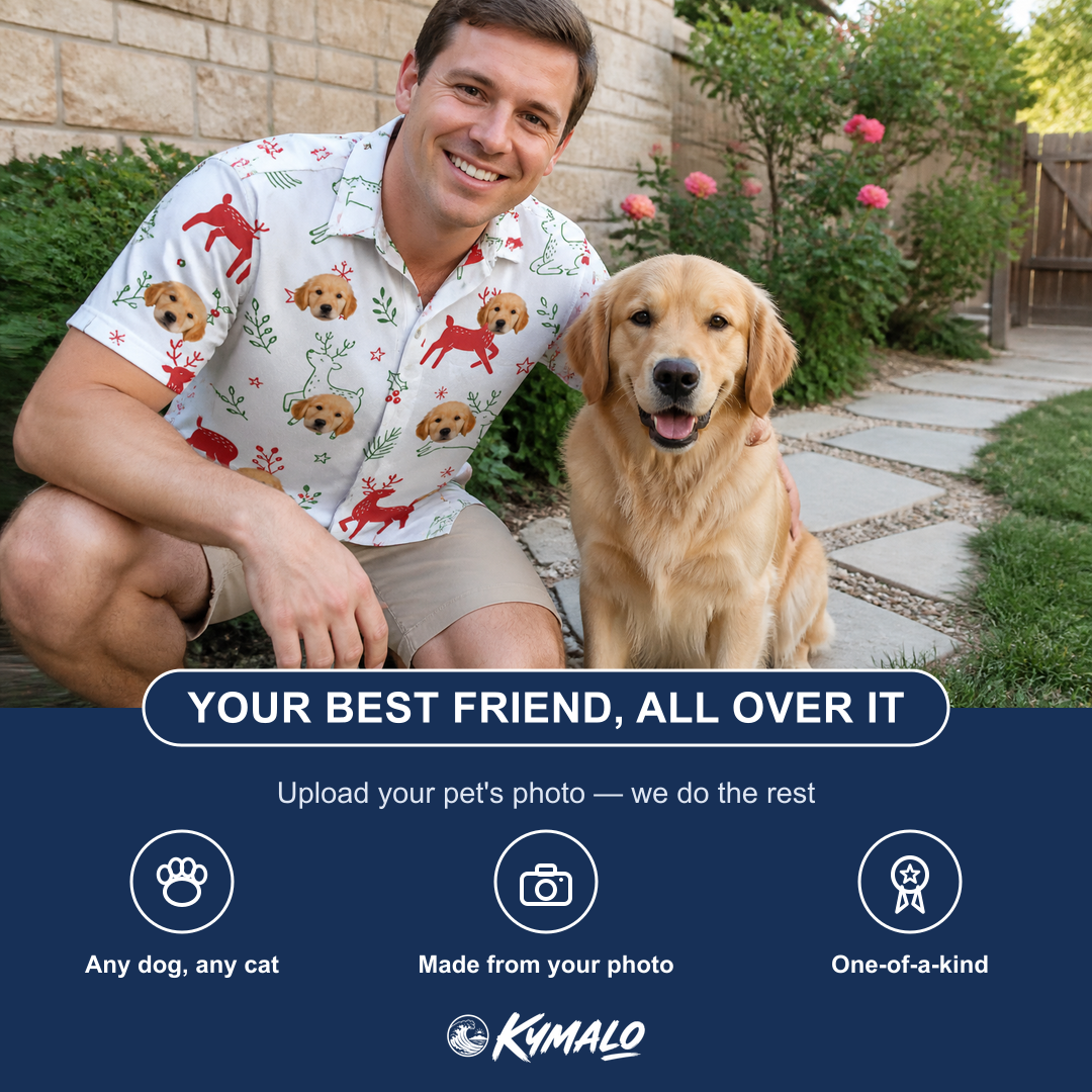 Friends in matching Men's Rudolph Ruckus Custom Dog Face Polo Shirt — a group gift photo