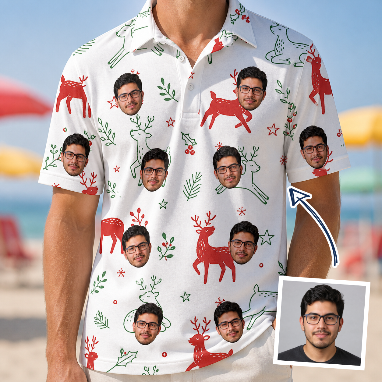 Man wearing Men's Rudolph Ruckus Custom Face Polo Shirt — custom faces printed all-over