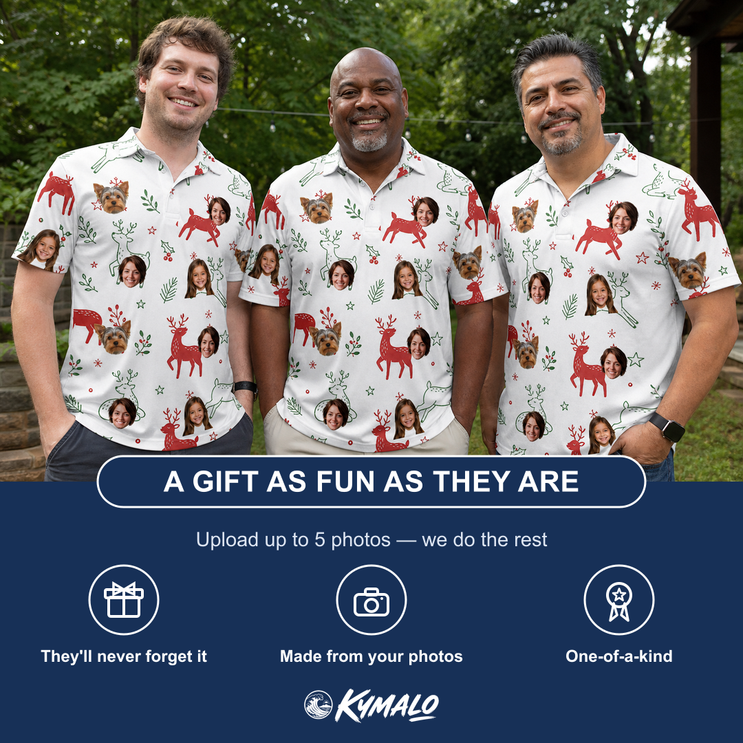 Friends in matching Men's Rudolph Ruckus Custom Face Polo Shirt — a group gift photo