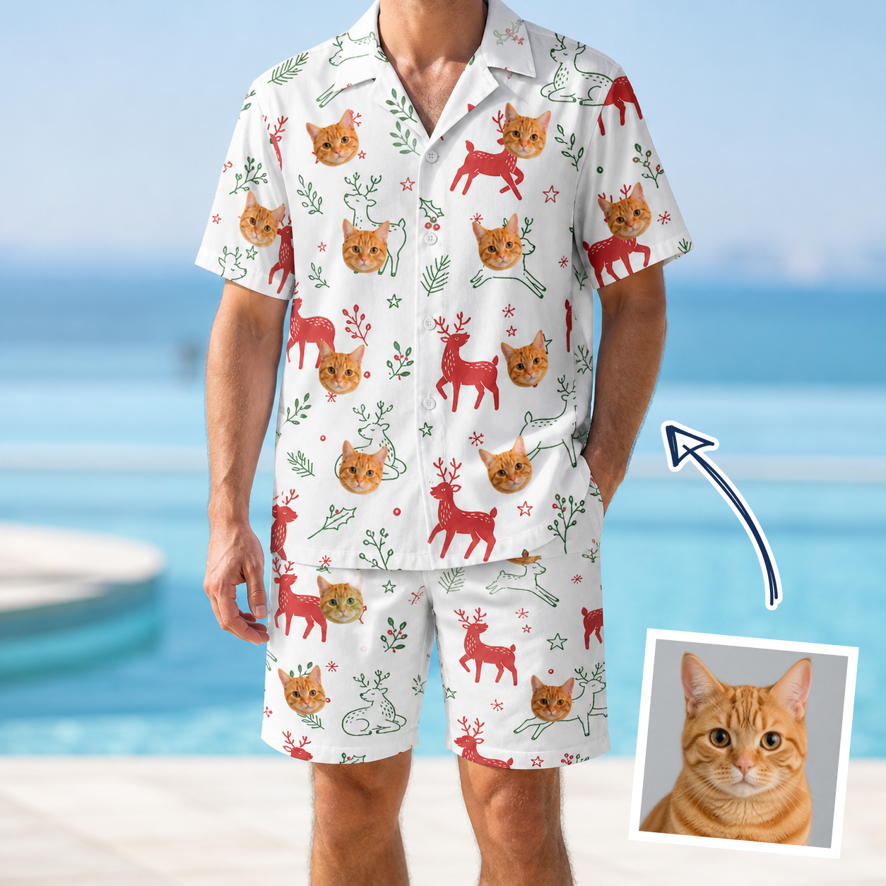 Man wearing Men's Rudolph Ruckus Custom Cat Face Shirt & Shorts Set — custom faces printed all-over