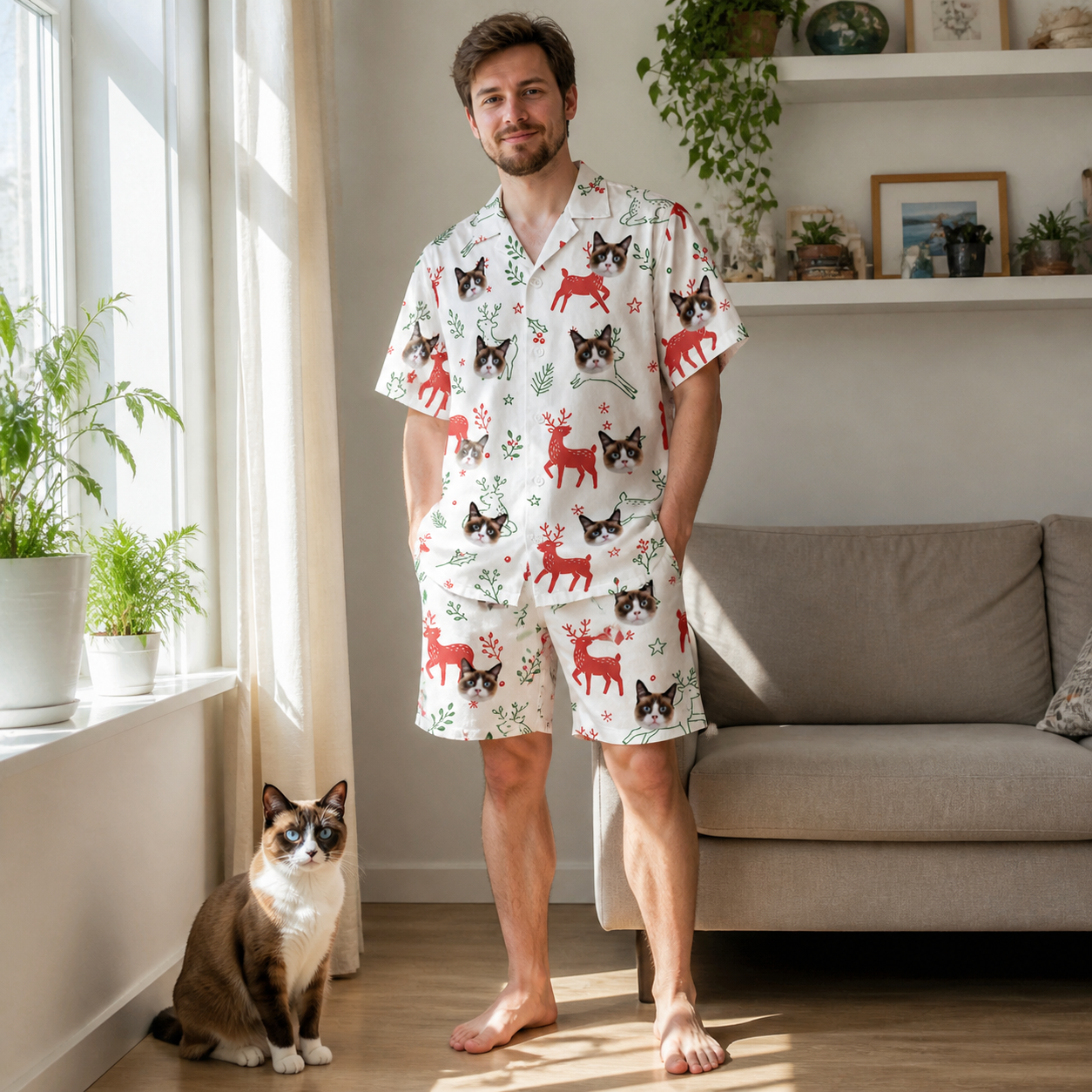 Full-length photo with the pet printed all over this Men's Rudolph Ruckus Custom Cat Face Shirt & Shorts Set