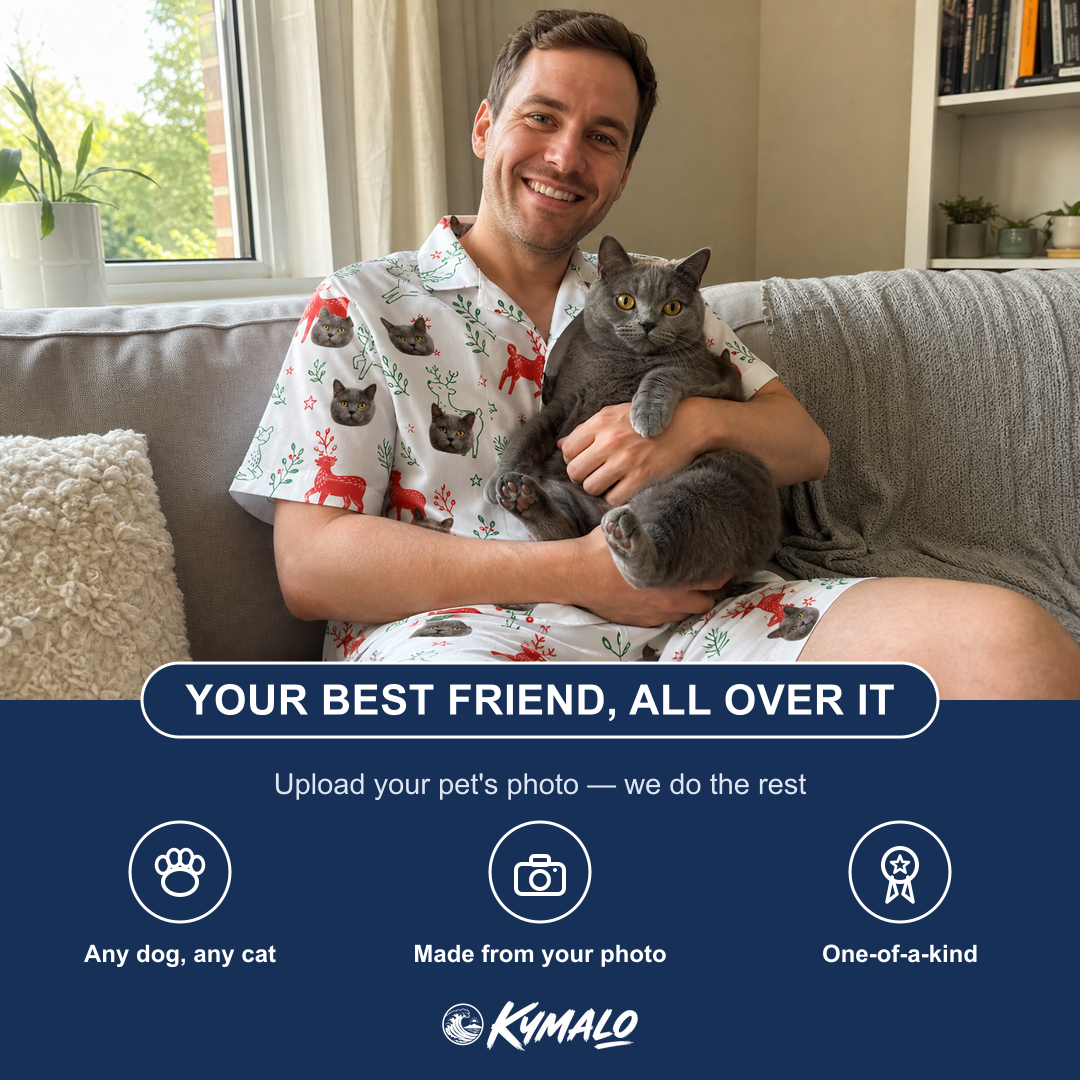 Friends in matching Men's Rudolph Ruckus Custom Cat Face Shirt & Shorts Set — a group gift photo
