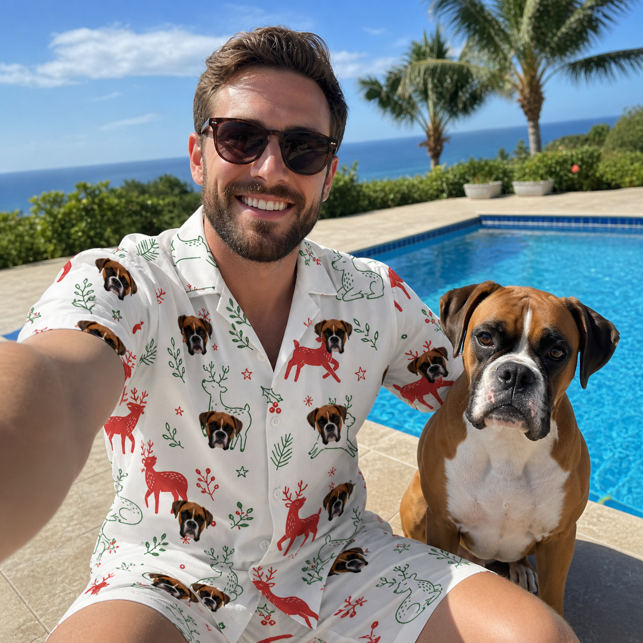 Selfie with the pet whose face is printed all over this Men's Rudolph Ruckus Custom Dog Face Shirt & Shorts Set