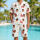 Model wearing Men's Rudolph Ruckus Custom Face Shirt & Shorts Set printed with kids' faces