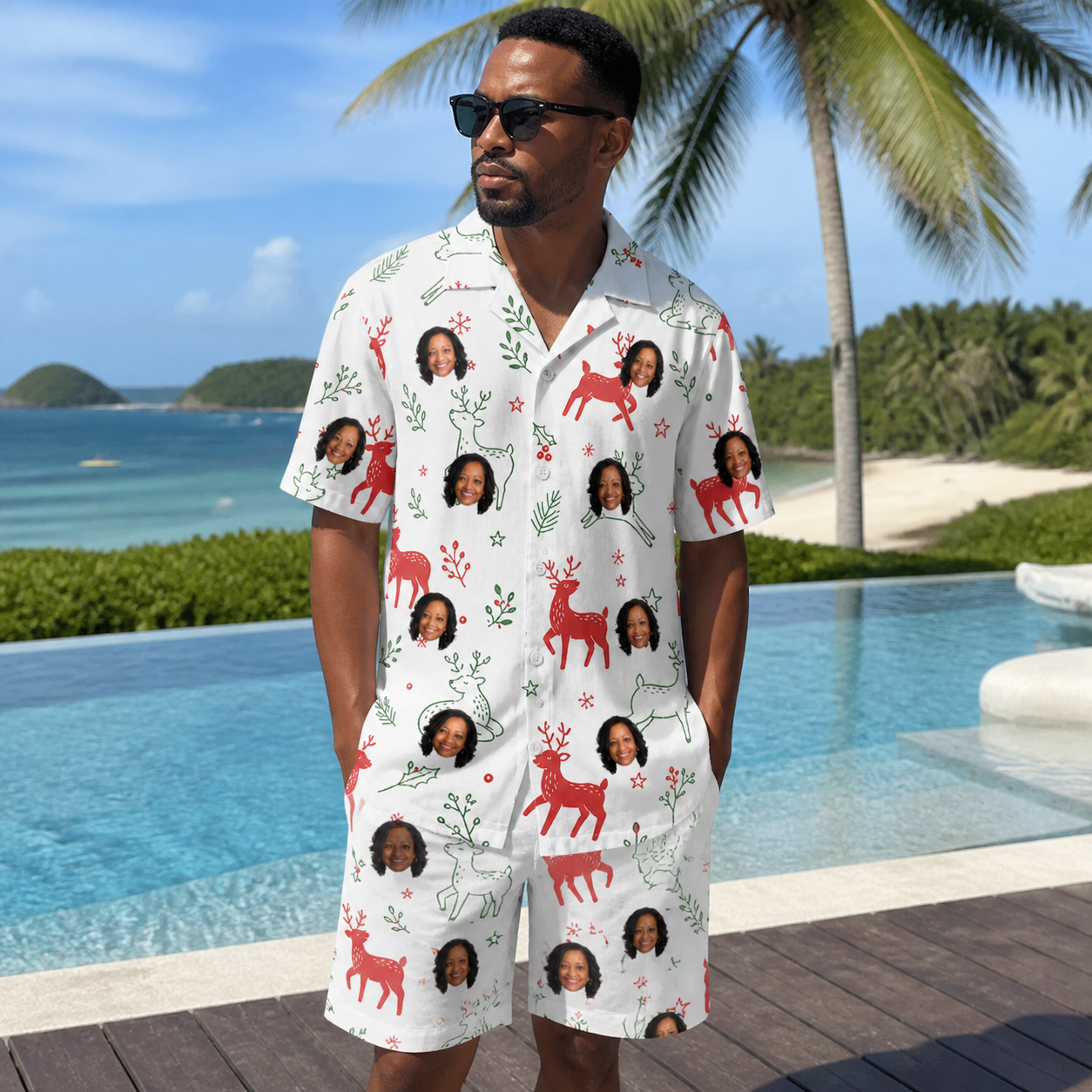Real-life photo of someone wearing Men's Rudolph Ruckus Custom Face Shirt & Shorts Set — custom faces printed all-over