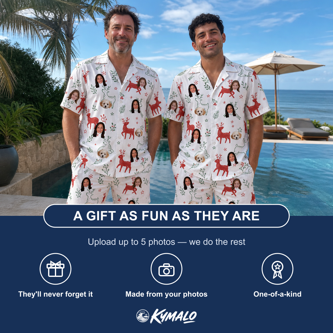 Friends in matching Men's Rudolph Ruckus Custom Face Shirt & Shorts Set — a group gift photo