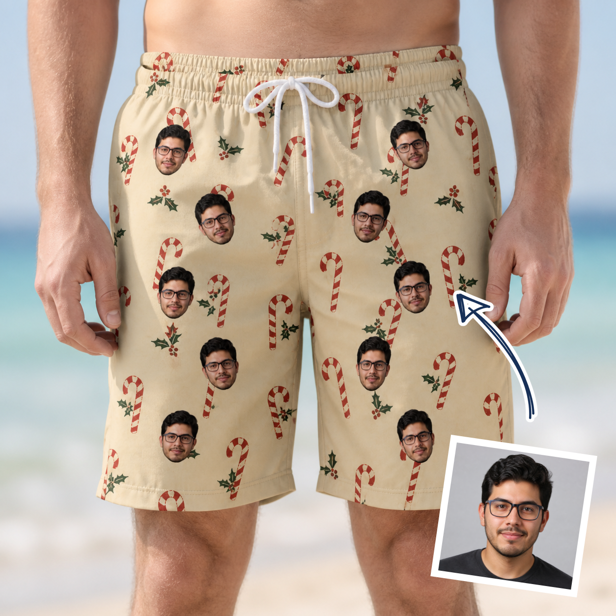 Man wearing Men's Minty Mistletoe Custom Face Beach Shorts — custom faces printed all-over