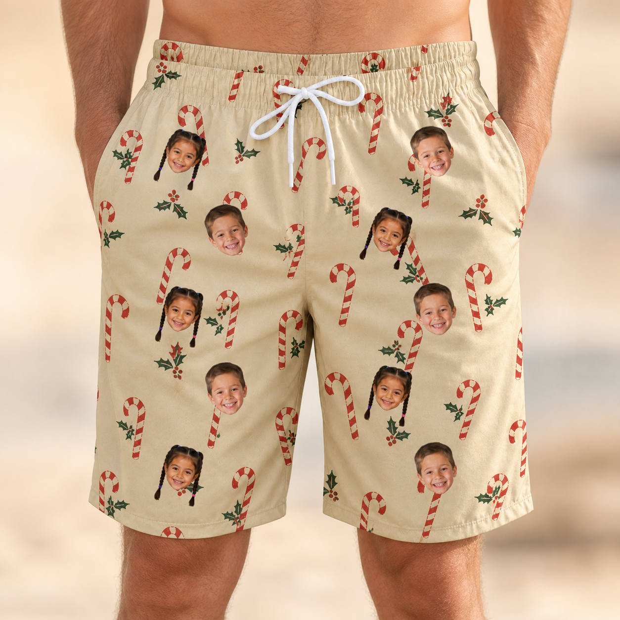 Model wearing Men's Minty Mistletoe Custom Face Beach Shorts printed with kids' faces