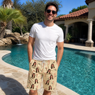 Real-life photo of someone wearing Men's Minty Mistletoe Custom Face Beach Shorts — custom faces printed all-over