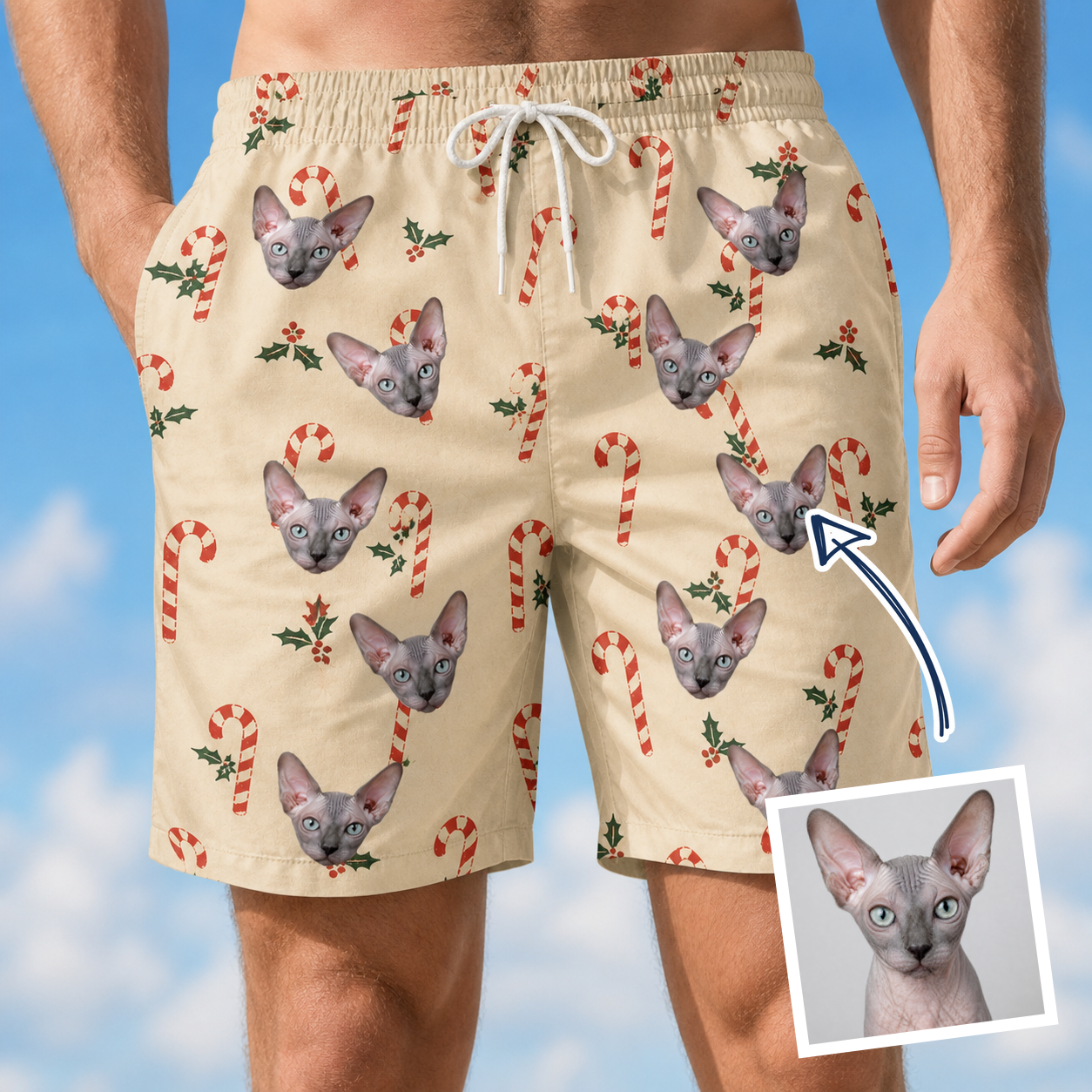 Man wearing Men's Minty Mistletoe Custom Cat Face Beach Shorts — custom faces printed all-over