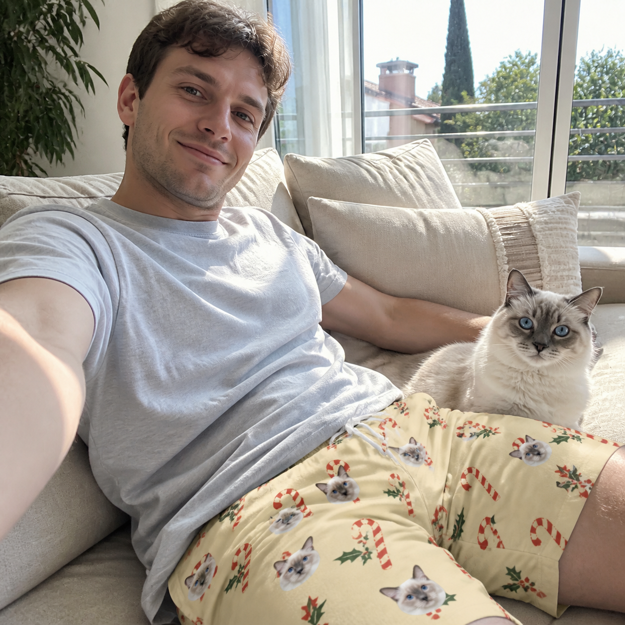 Selfie with the pet whose face is printed all over this Men's Minty Mistletoe Custom Cat Face Beach Shorts