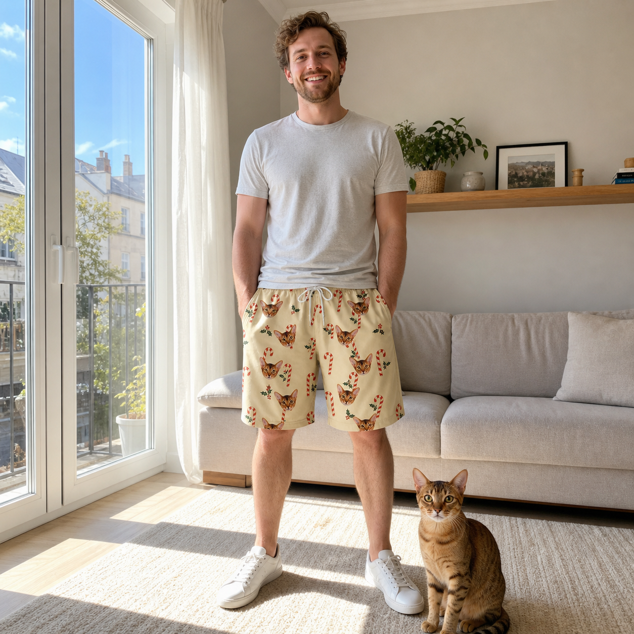 Full-length photo with the pet printed all over this Men's Minty Mistletoe Custom Cat Face Beach Shorts