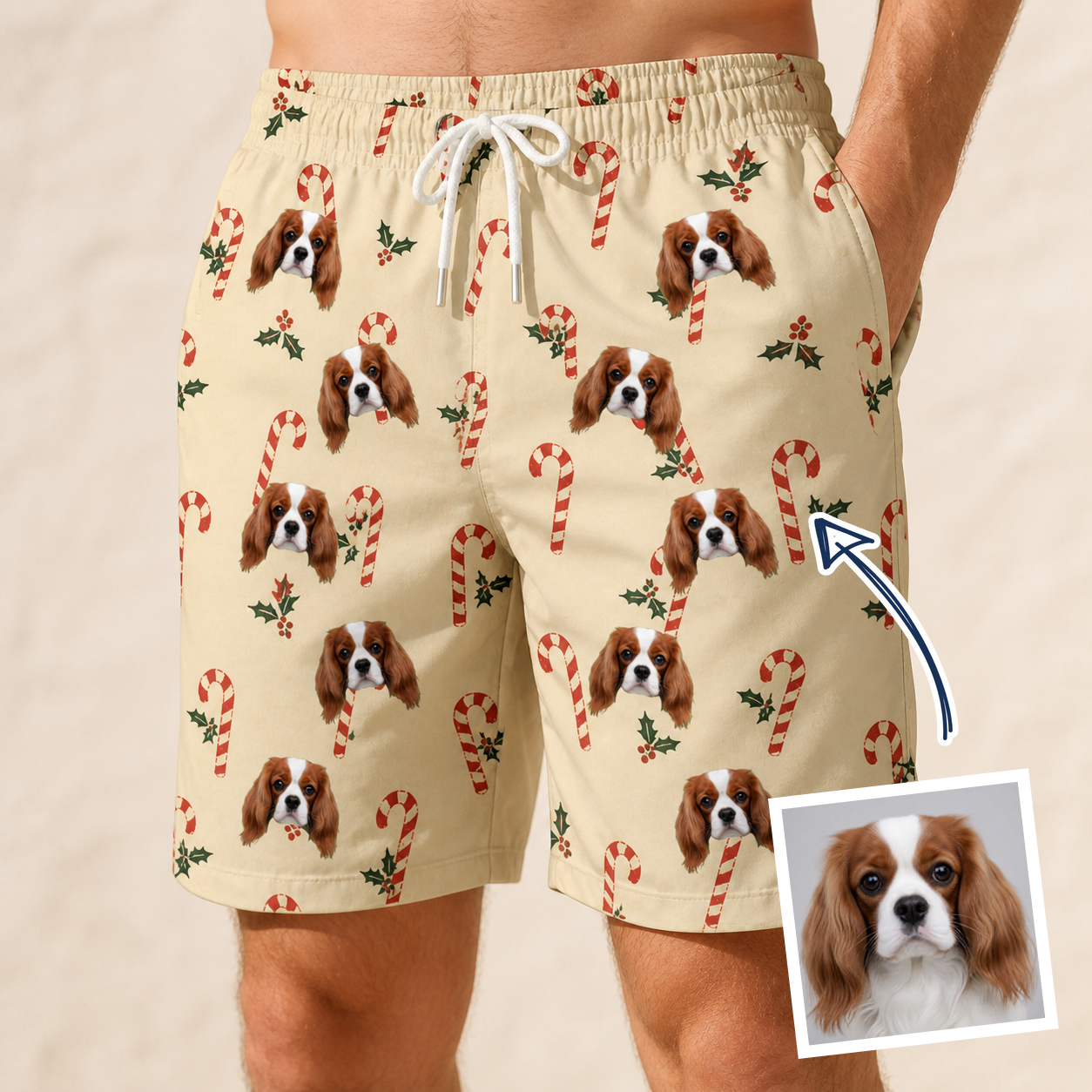 Man wearing Men's Minty Mistletoe Custom Dog Face Beach Shorts — custom faces printed all-over
