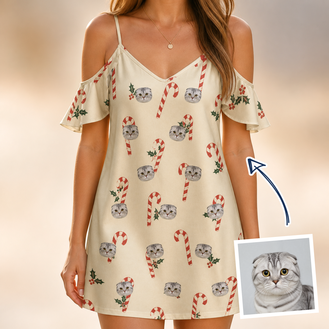 Woman wearing Women's Minty Mistletoe Custom Cat Face Off-Shoulder Dress — custom faces printed all-over