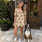 Full-length photo with the pet printed all over this Women's Minty Mistletoe Custom Dog Face Off-Shoulder Dress