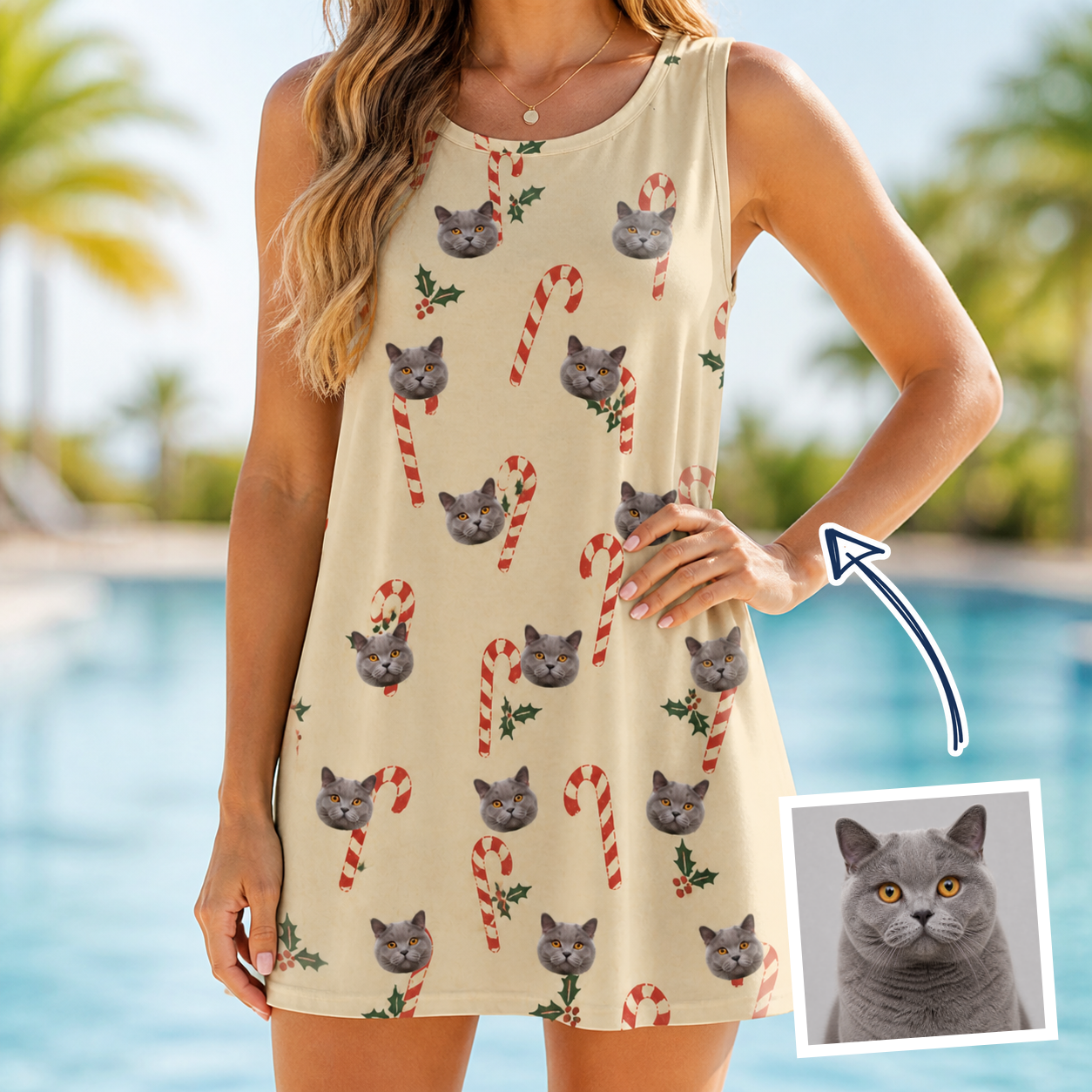 Woman wearing Women's Minty Mistletoe Custom Cat Face Tank Dress — custom faces printed all-over