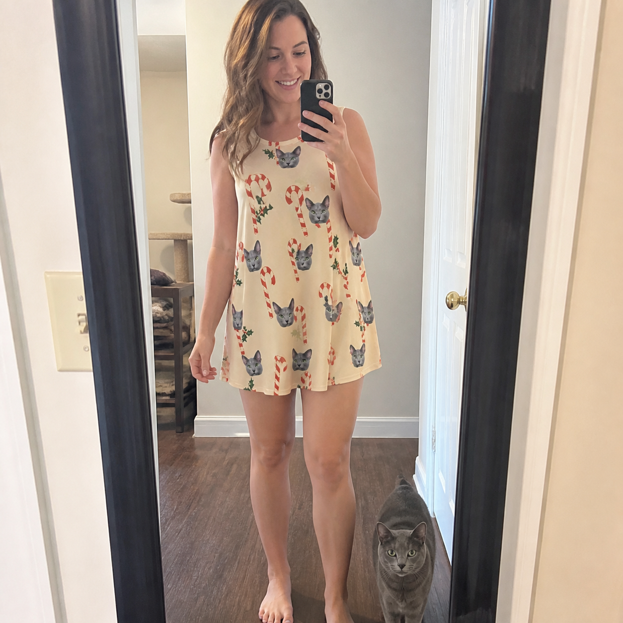 Full-length photo with the pet printed all over this Women's Minty Mistletoe Custom Cat Face Tank Dress