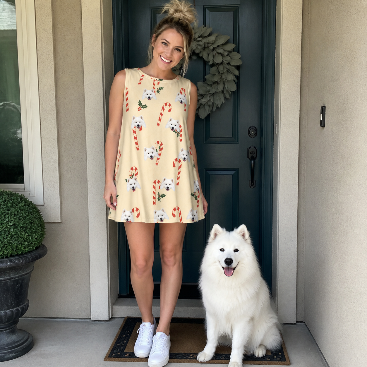 Full-length photo with the pet printed all over this Women's Minty Mistletoe Custom Dog Face Tank Dress
