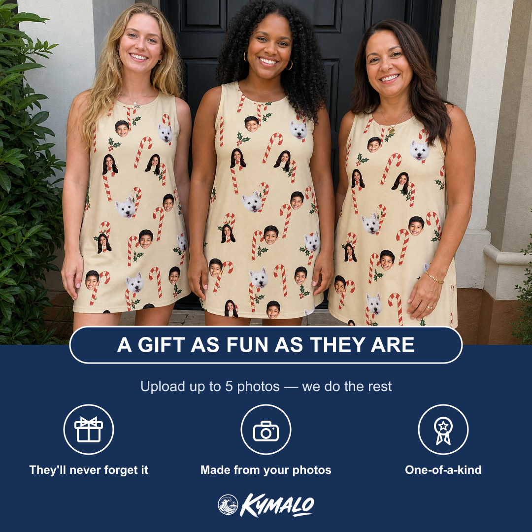 Friends in matching Women's Minty Mistletoe Custom Face Tank Dress — a group gift photo