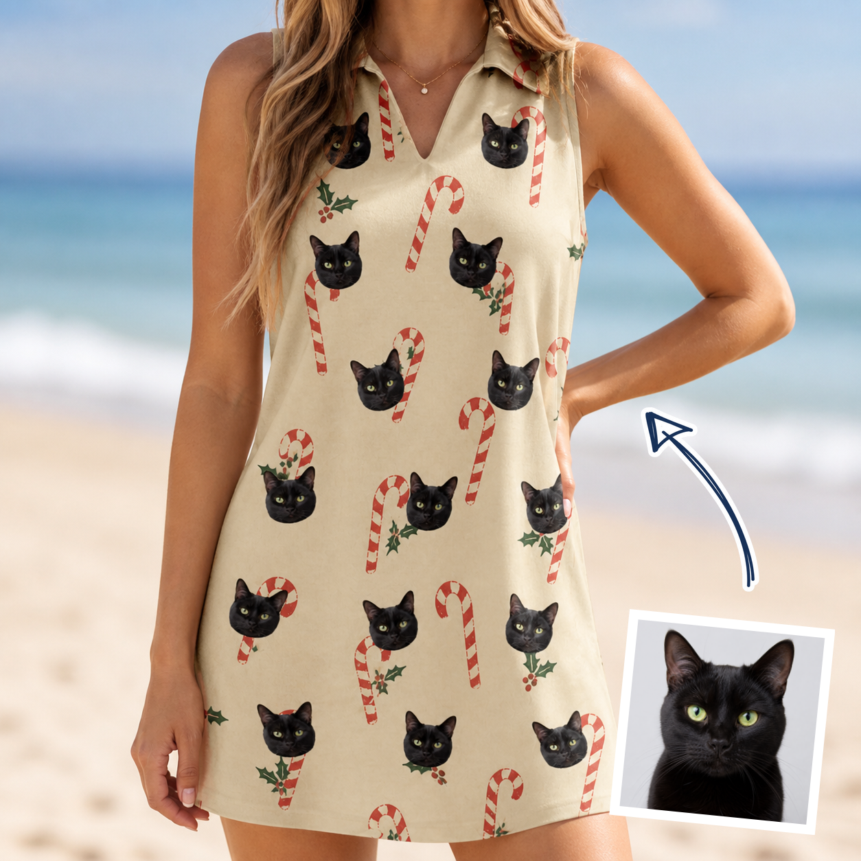 Woman wearing Women's Minty Mistletoe Custom Cat Face V-Neck Dress — custom faces printed all-over