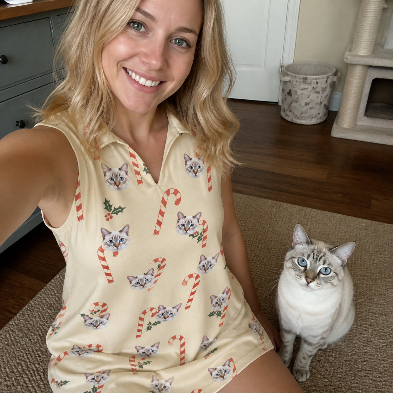 Selfie with the pet whose face is printed all over this Women's Minty Mistletoe Custom Cat Face V-Neck Dress