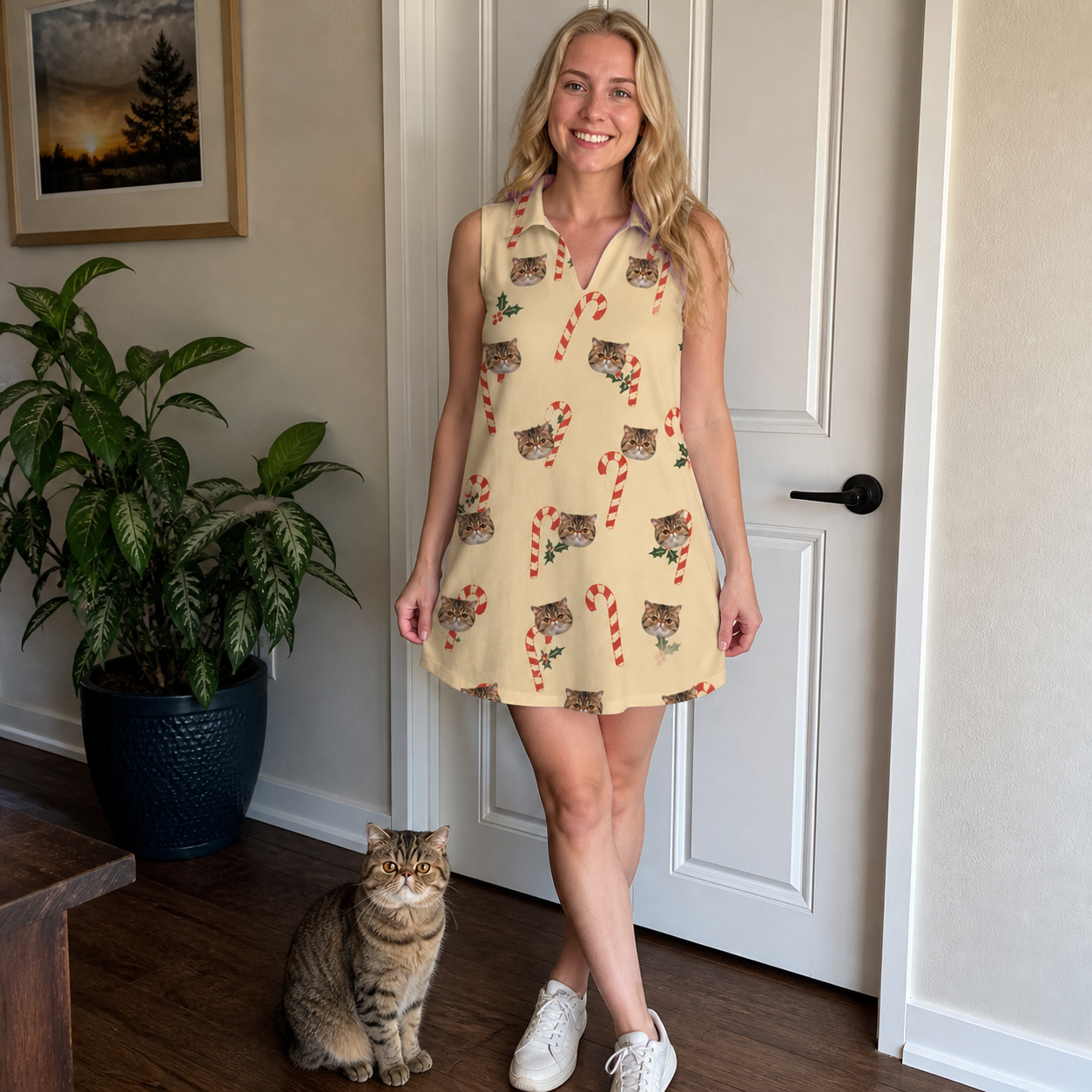 Full-length photo with the pet printed all over this Women's Minty Mistletoe Custom Cat Face V-Neck Dress