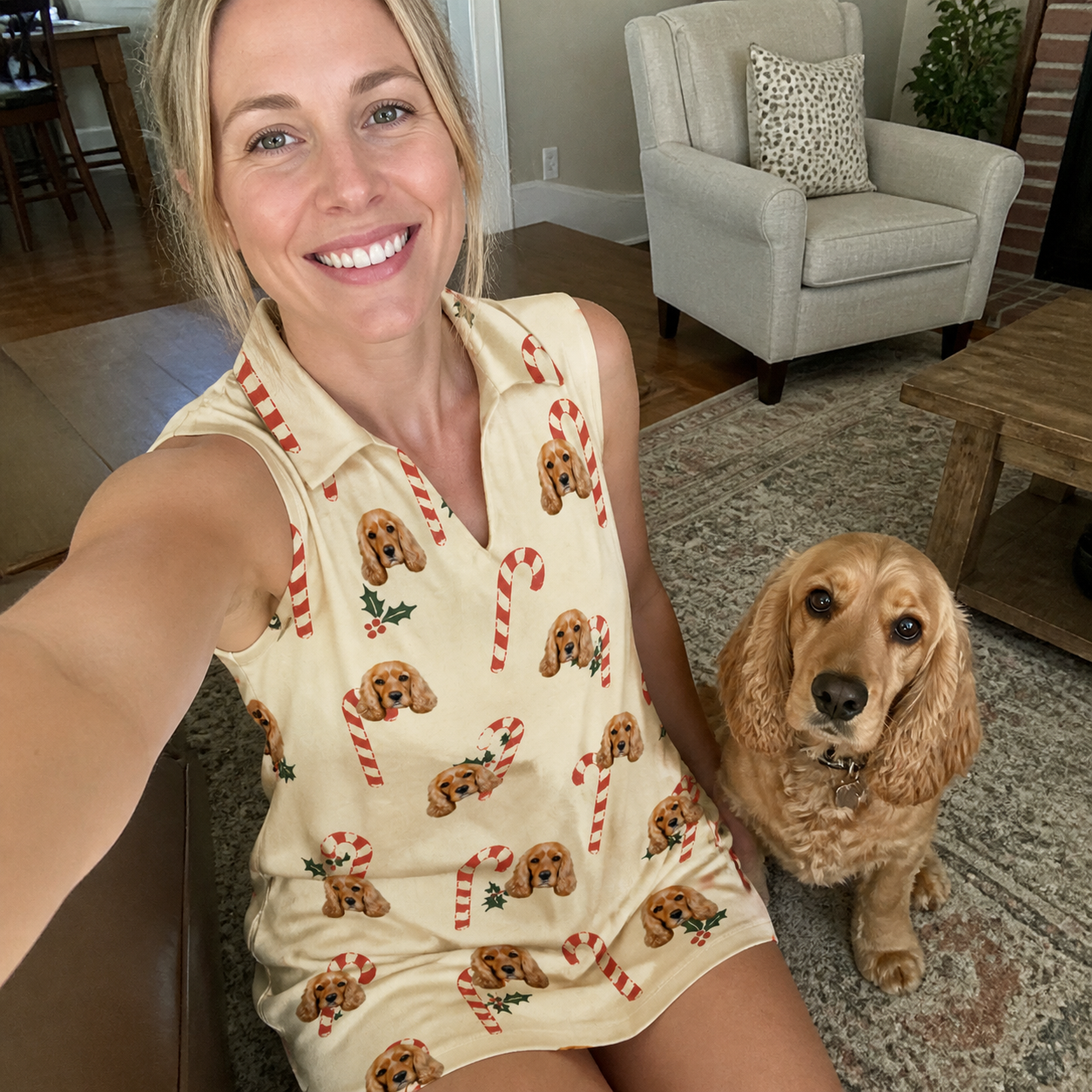 Selfie with the pet whose face is printed all over this Women's Minty Mistletoe Custom Dog Face V-Neck Dress
