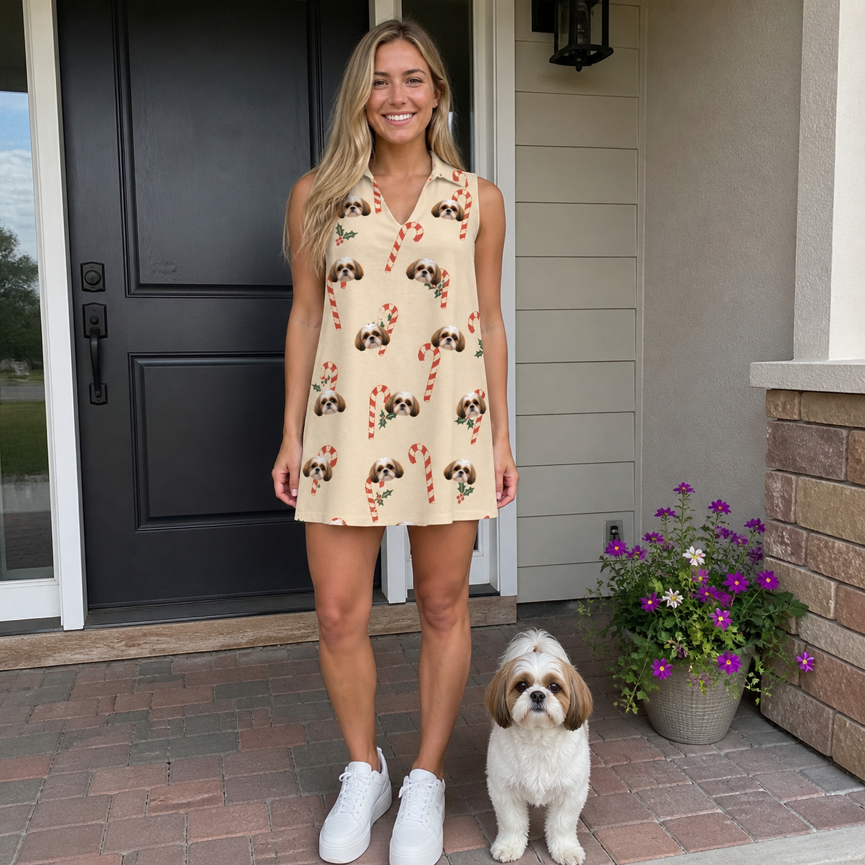 Full-length photo with the pet printed all over this Women's Minty Mistletoe Custom Dog Face V-Neck Dress
