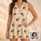 Woman wearing Women's Minty Mistletoe Custom Face V-Neck Dress — custom faces printed all-over