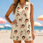 Model wearing Women's Minty Mistletoe Custom Face V-Neck Dress printed with kids' faces
