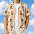 Man wearing Men's Minty Mistletoe Custom Cat Face Hawaiian Shirt open over a white tee