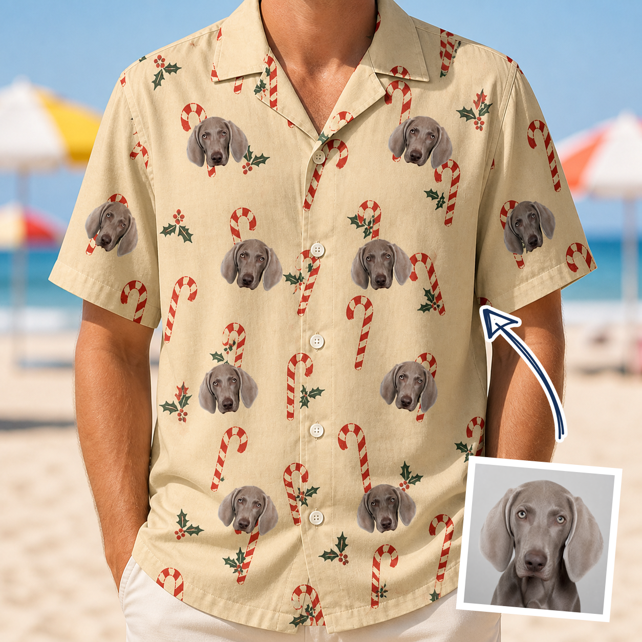 Man wearing Men's Minty Mistletoe Custom Dog Face Hawaiian Shirt — custom faces printed all-over