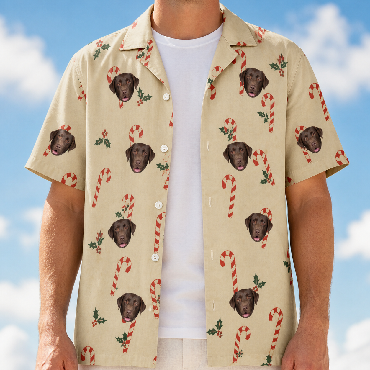 Man wearing Men's Minty Mistletoe Custom Dog Face Hawaiian Shirt open over a white tee