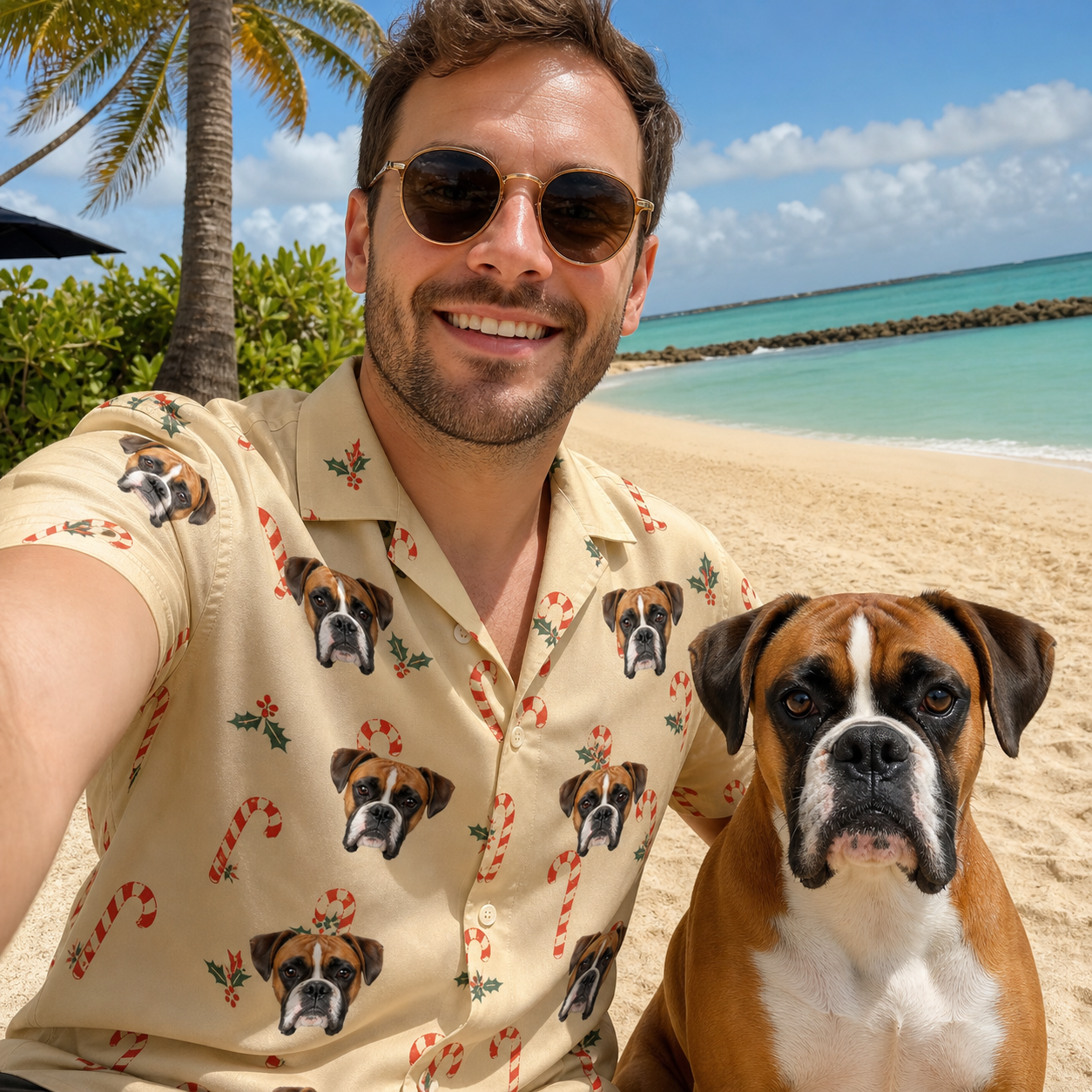 Selfie with the pet whose face is printed all over this Men's Minty Mistletoe Custom Dog Face Hawaiian Shirt