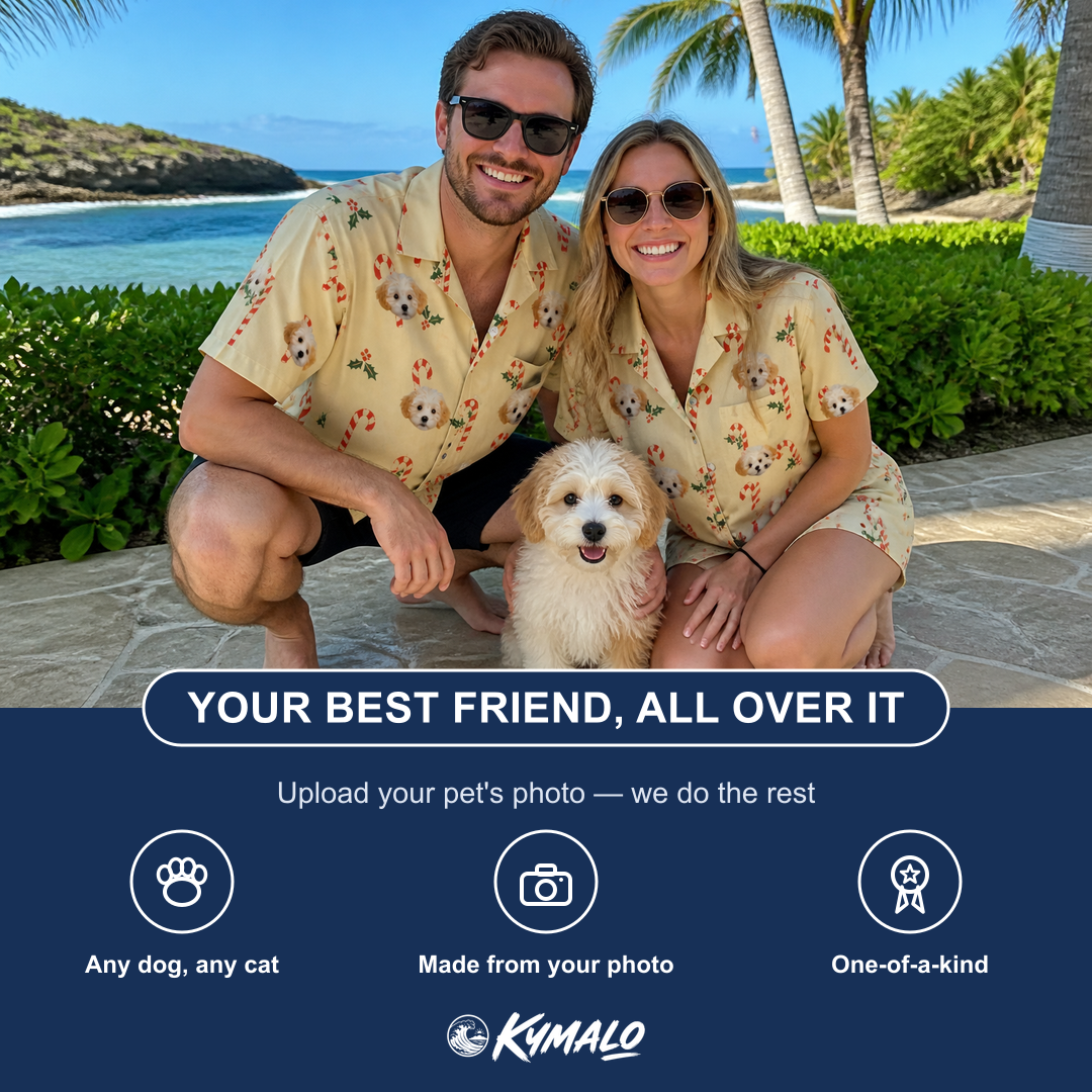 Friends in matching Men's Minty Mistletoe Custom Dog Face Hawaiian Shirt — a group gift photo