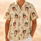 Model wearing Men's Minty Mistletoe Custom Face Hawaiian Shirt printed with kids' faces