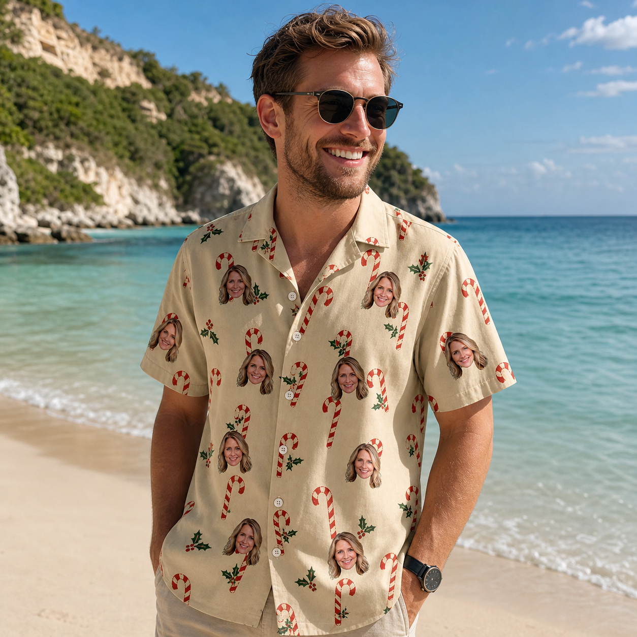 Real-life photo of someone wearing Men's Minty Mistletoe Custom Face Hawaiian Shirt — custom faces printed all-over