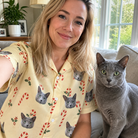 Selfie with the pet whose face is printed all over this Women's Minty Mistletoe Custom Cat Face Hawaiian Shirt