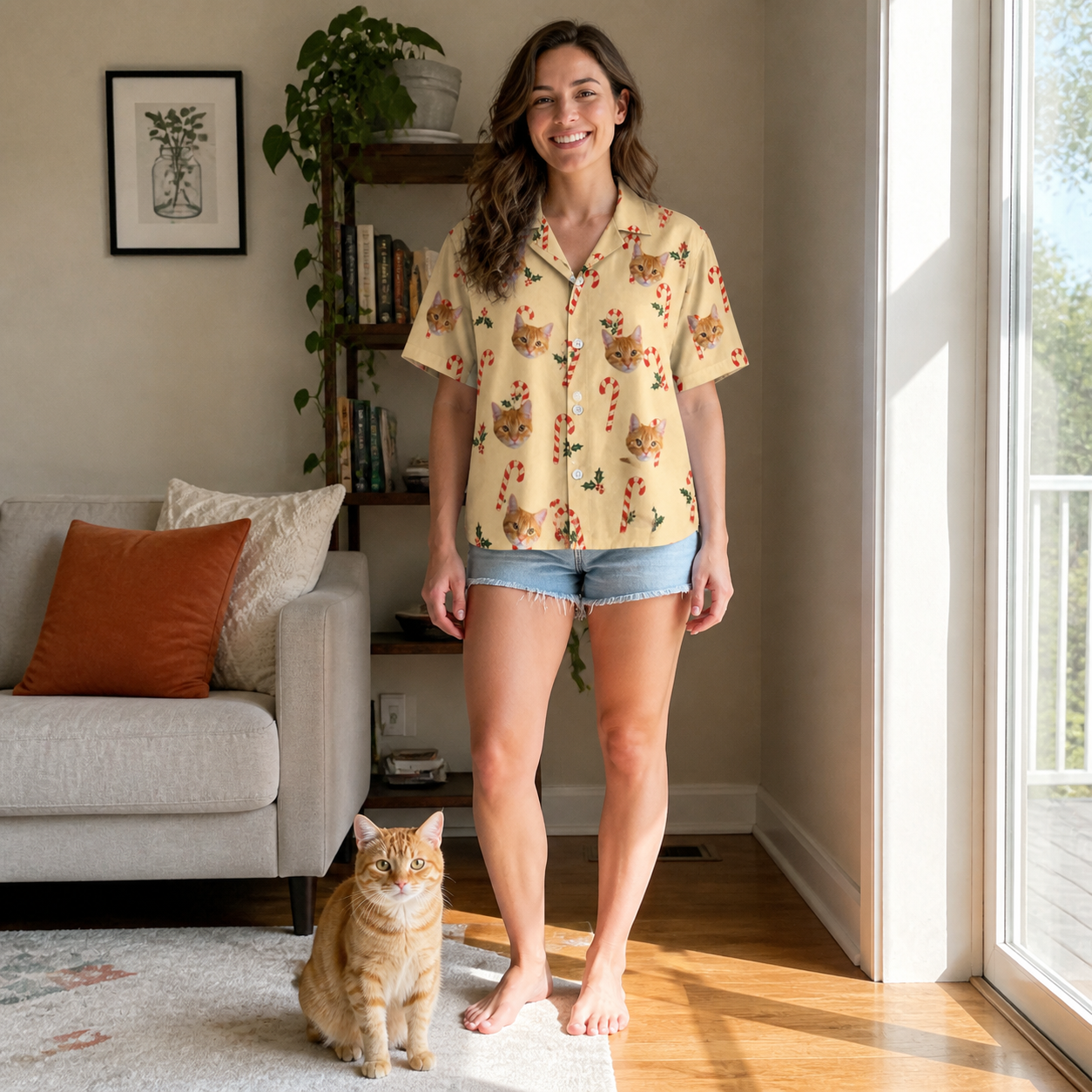 Full-length photo with the pet printed all over this Women's Minty Mistletoe Custom Cat Face Hawaiian Shirt